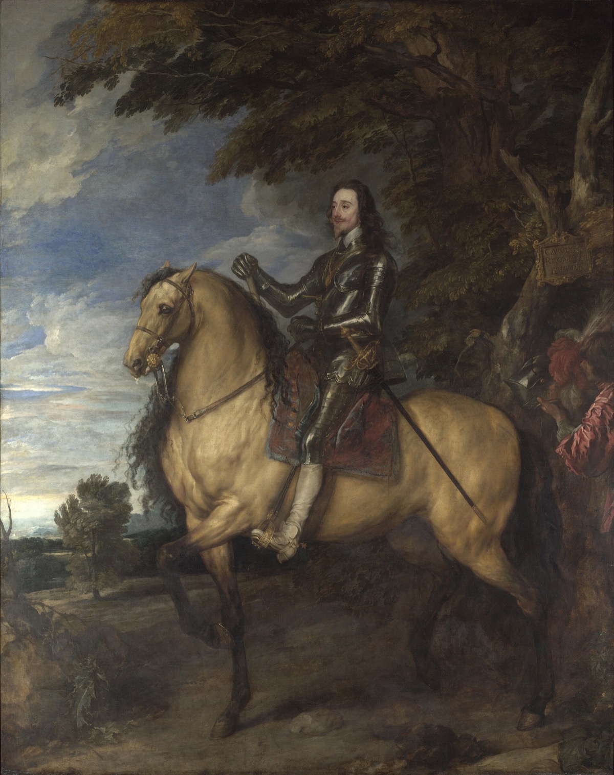 Equestrian Portrait of Charles I, by Van Dyck: the king in armour on a large dun horse under an oak.