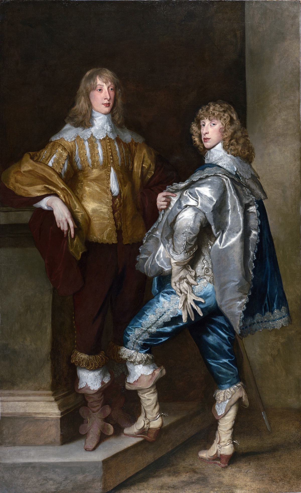 Lord John Stuart and his Brother, Lord Bernard Stuart, by Van Dyck: two young men in silk and lace, one on a step.