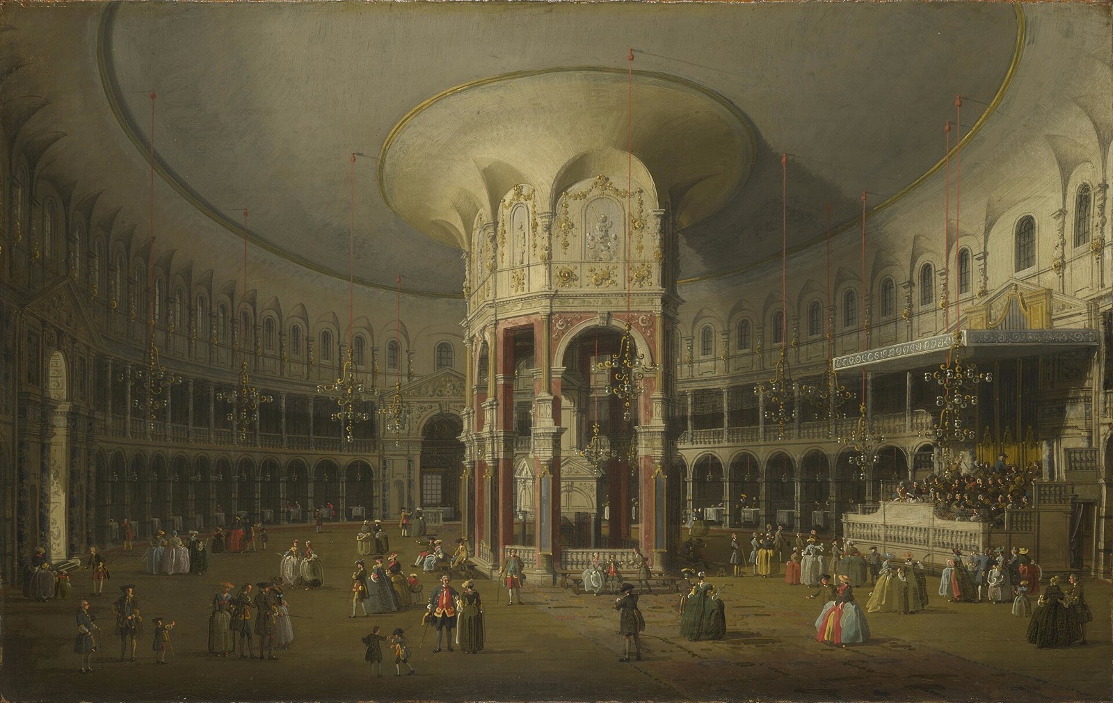 London: Interior of the Rotunda at Ranelagh, by Canaletto: a great round hall with a central fireplace and people walking round it.