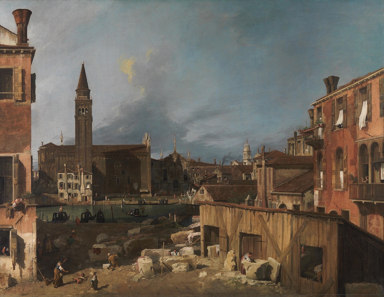 The Stonemason's Yard, by Canaletto: masons at work in a Venetian square, with a church across the canal.