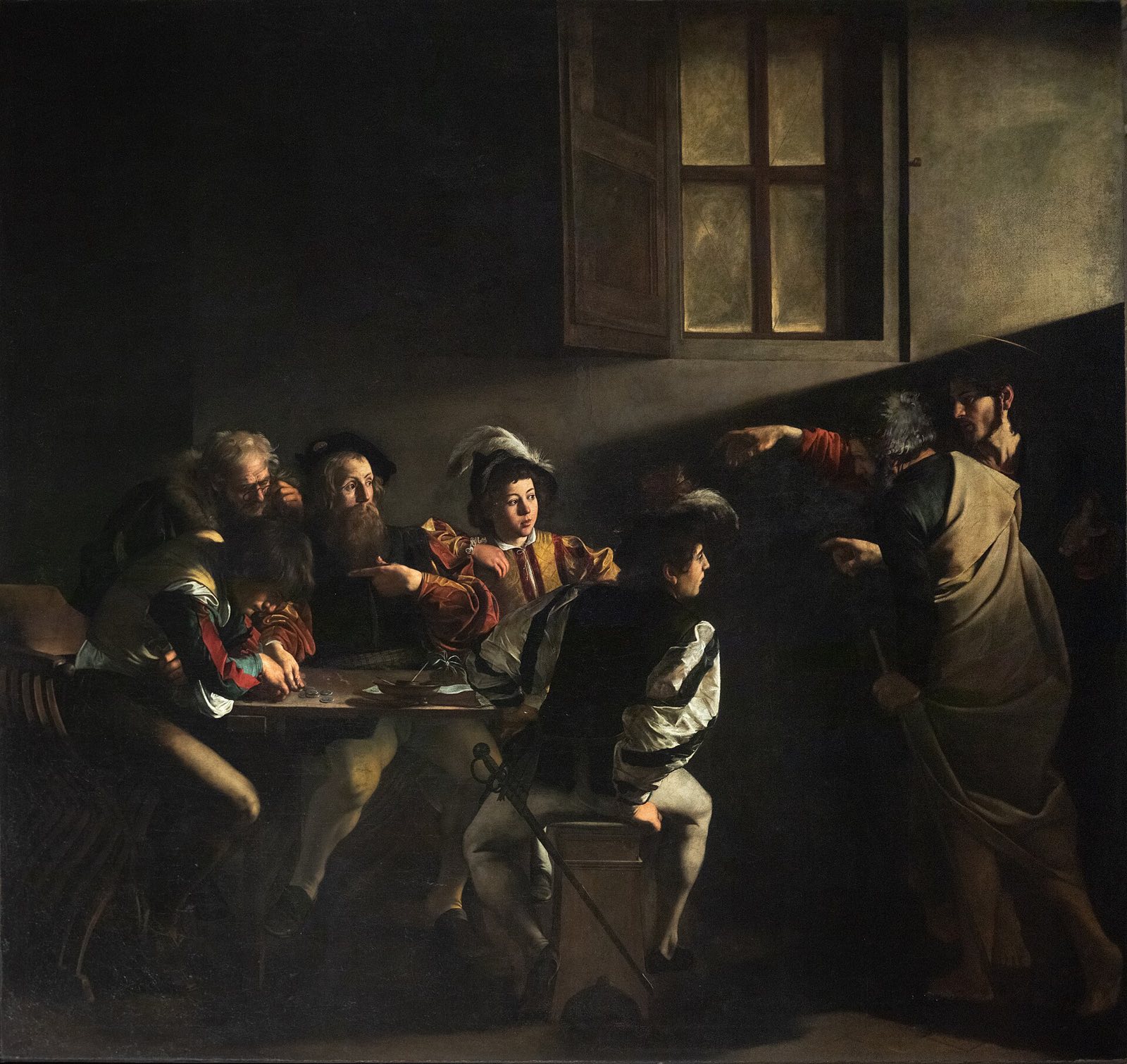 The Calling of St Matthew by Caravaggio: Christ points from the shadows at men counting money round a table, lit by a slanting beam.