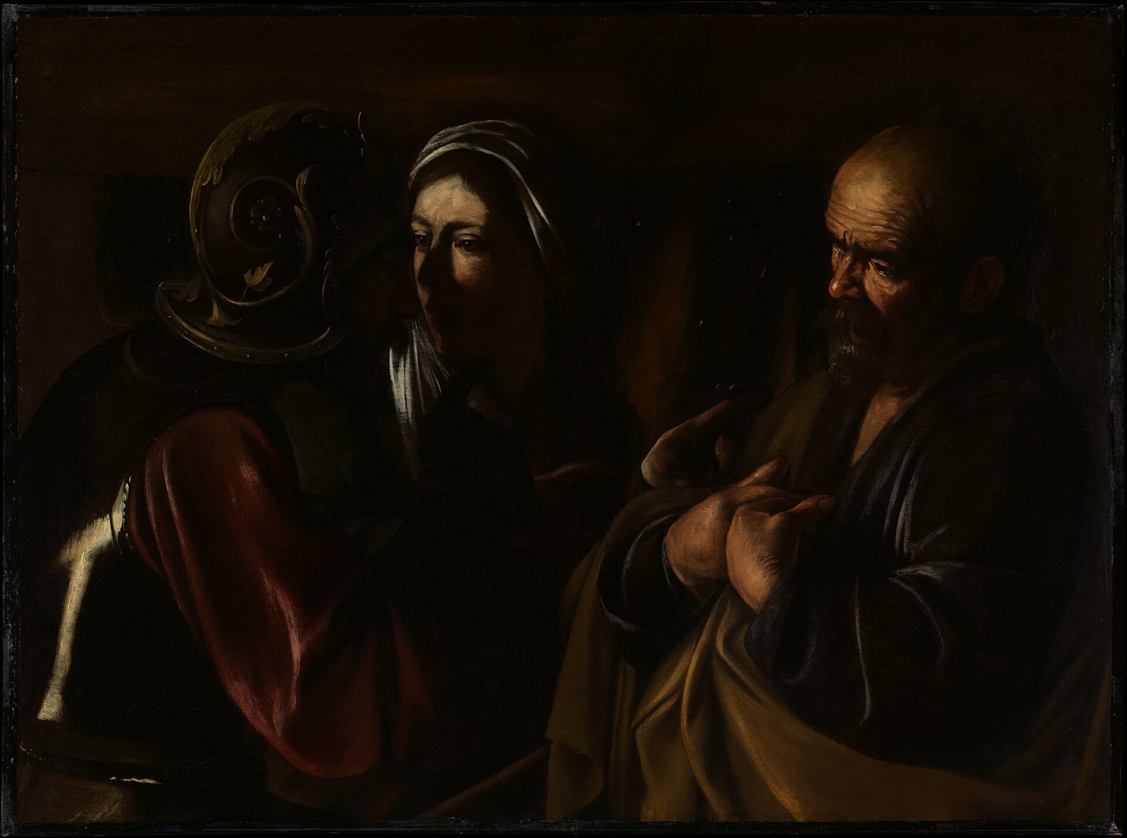 The Denial of Saint Peter, by Caravaggio: a serving woman points out the apostle to a soldier, three half-figures in deep shadow.