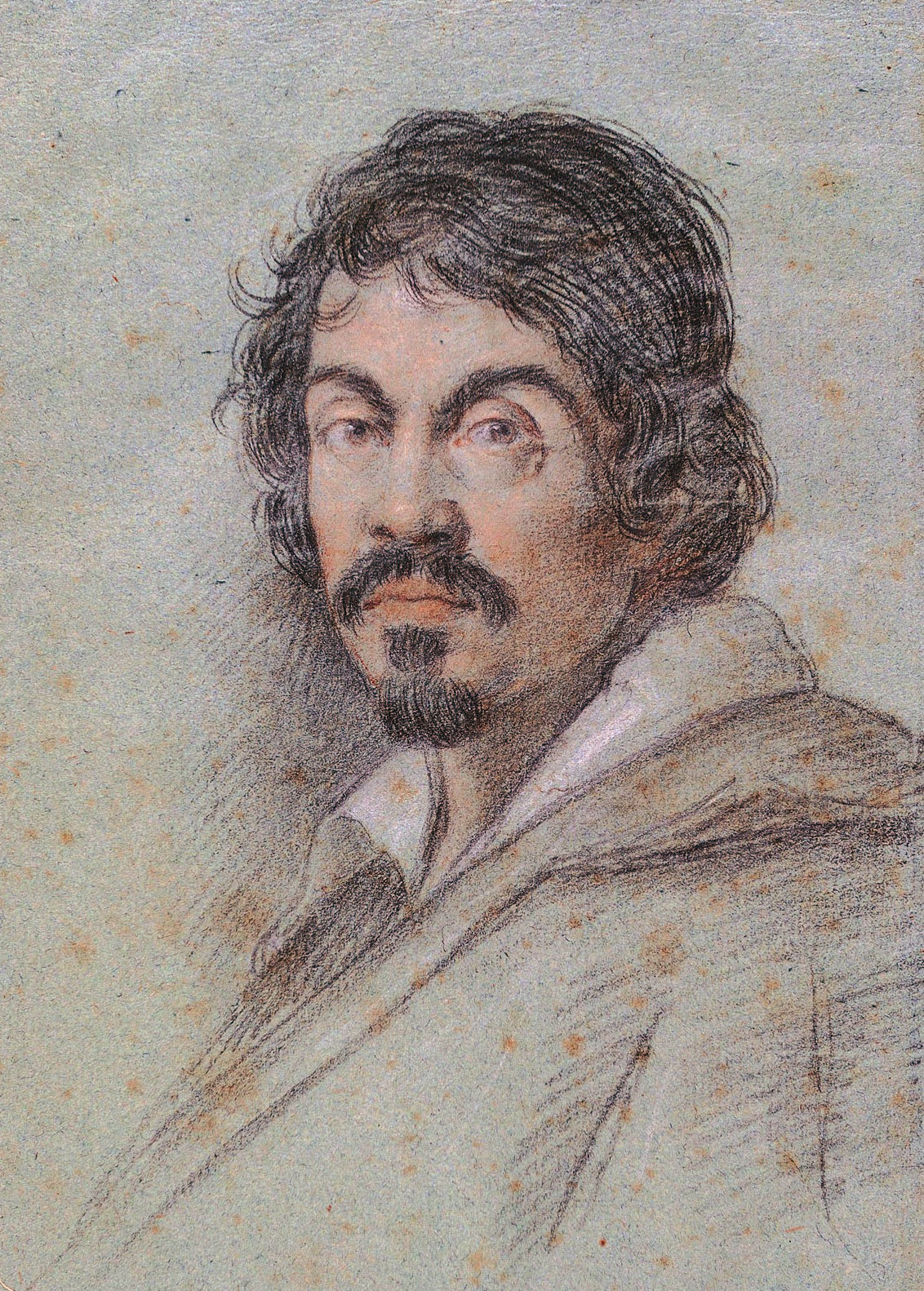 A chalk portrait of Caravaggio by Ottavio Leoni: a dark-haired man with heavy brows.
