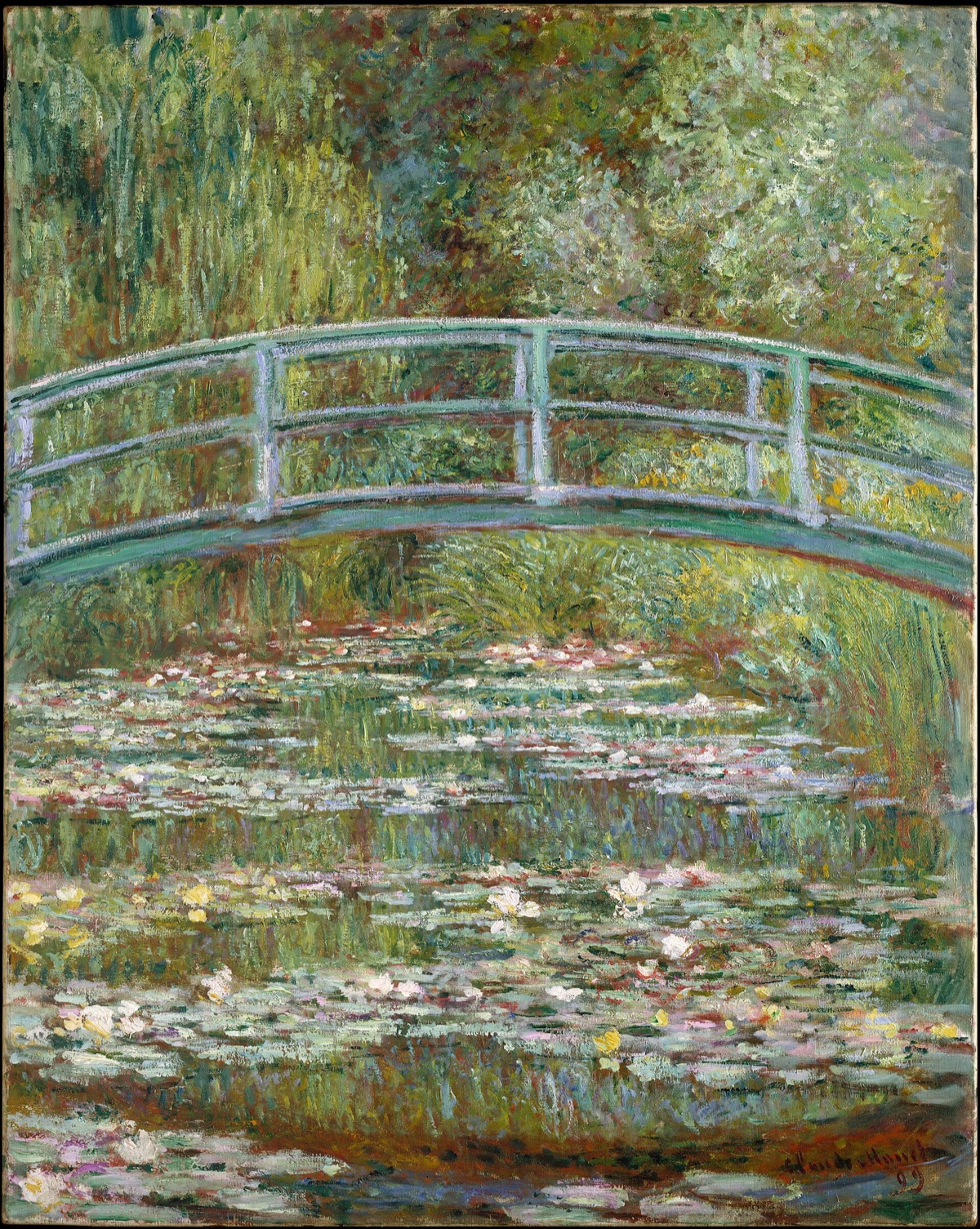 Bridge over a Pond of Water Lilies, by Monet: a Japanese footbridge arching over a pond thick with lilies, among willows.