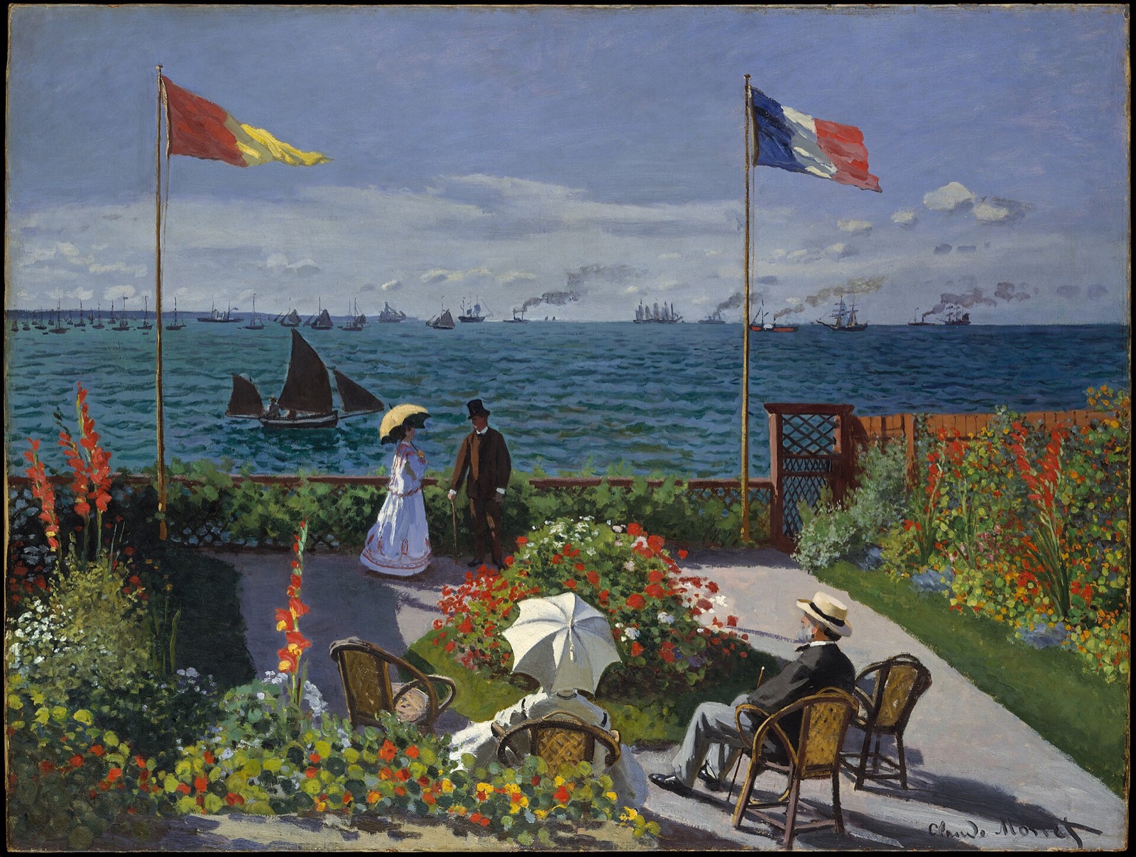 Garden at Sainte-Adresse, by Monet: a terrace of flowers above the sea, two flags in the wind and ships on the horizon.