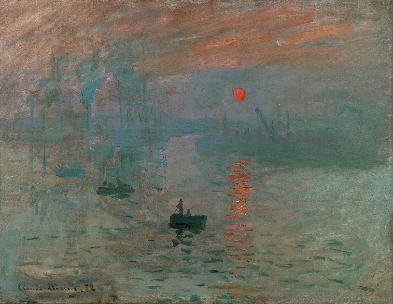 Impression, Sunrise, by Monet: a harbour in blue mist with an orange sun and its reflection.