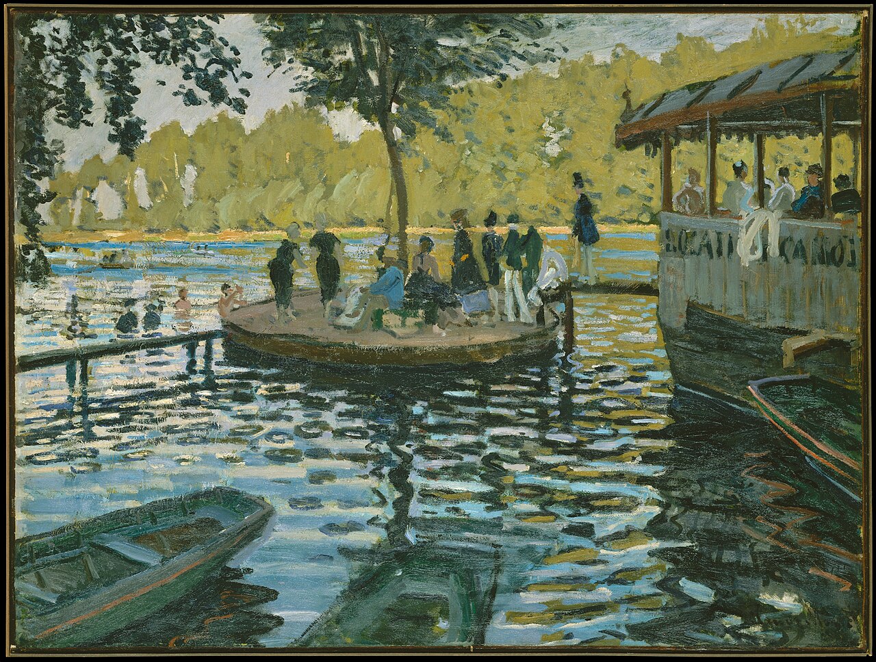 La Grenouillère, by Monet: a floating café, a small round island and rowing boats on broken water.