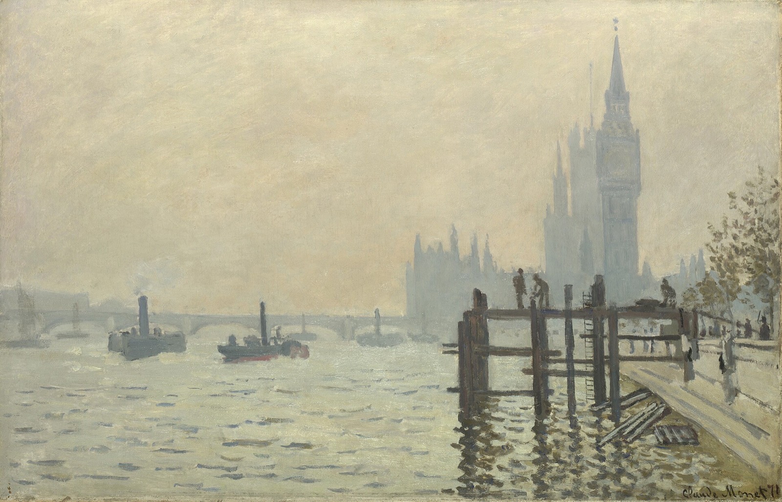 The Thames below Westminster, by Monet: the Houses of Parliament grey in the mist behind a dark wooden jetty.