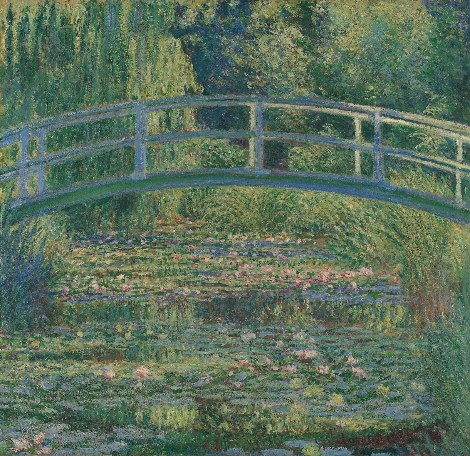 The Water-Lily Pond, by Monet: a Japanese footbridge arching over a pond full of lilies.