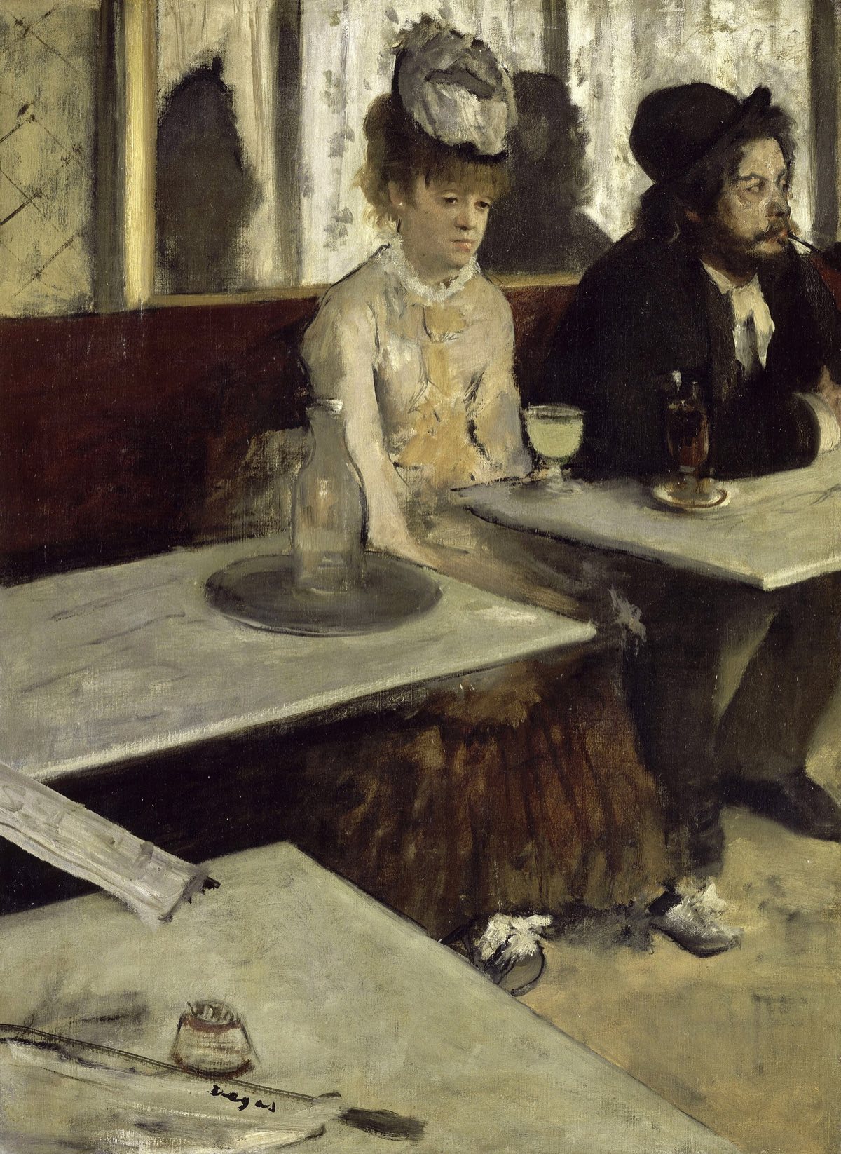 L'Absinthe, by Degas: a woman at a café table with a glass of absinthe, a man smoking beside her.