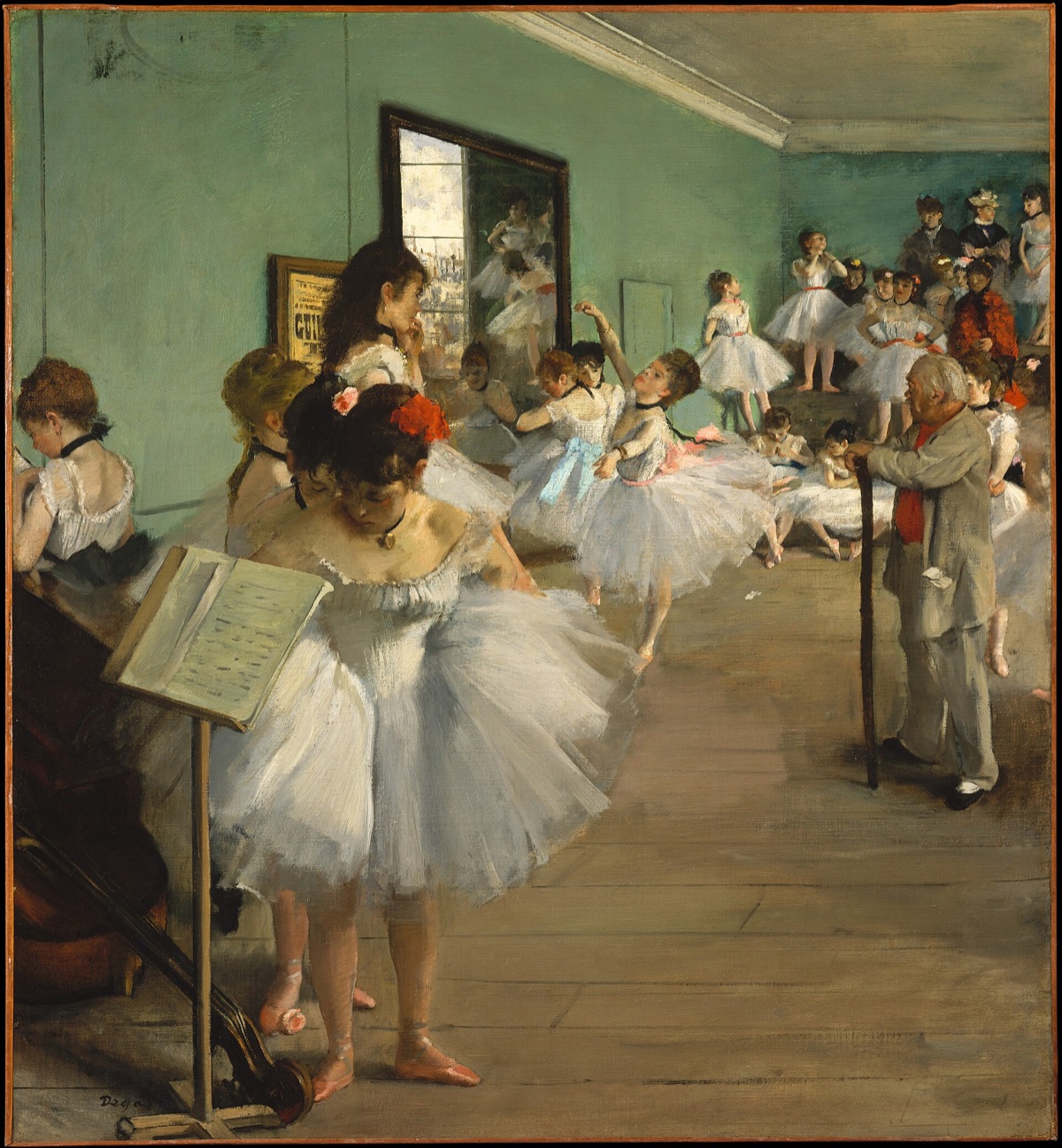 The Dance Class, by Degas: dancers in white wait round a rehearsal room while one is examined by the ballet master, who leans on a stick.