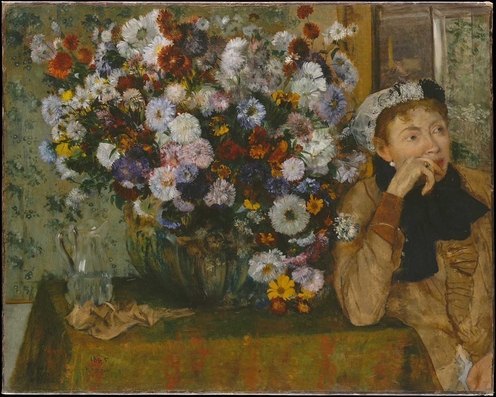A Woman Seated beside a Vase of Flowers, by Degas: a large bunch of late summer flowers fills the canvas, with a woman at its edge looking away.