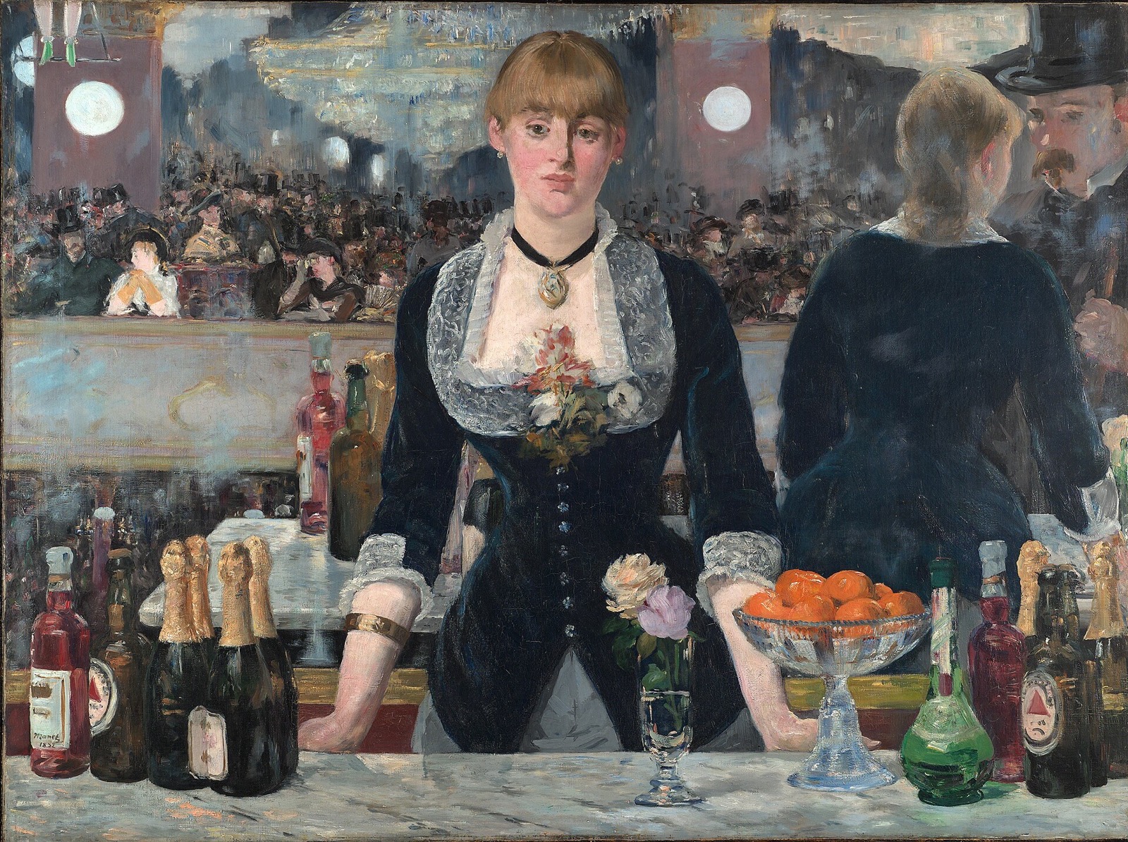A Bar at the Folies-Bergère, by Manet: a barmaid behind a counter of bottles, with the crowded hall in the mirror behind her.