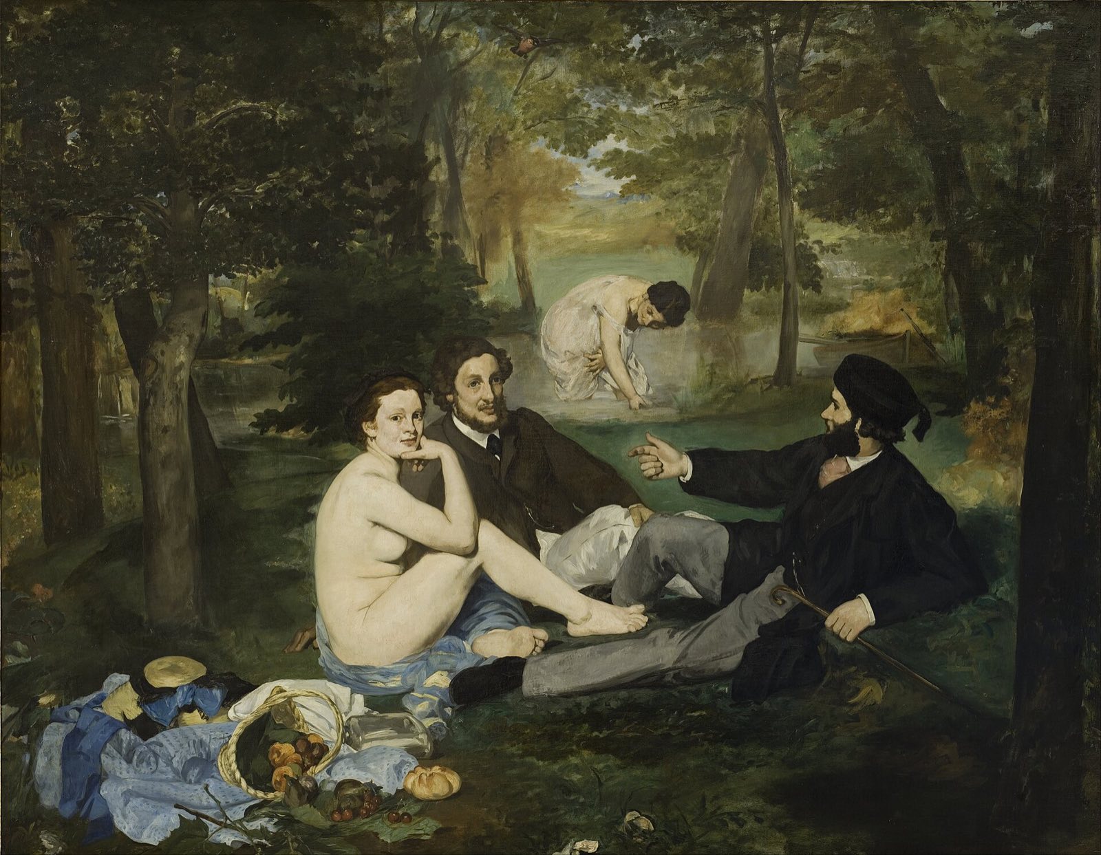 Le Déjeuner sur l'herbe, by Manet: a nude woman sitting with two clothed men at a picnic in a wood.