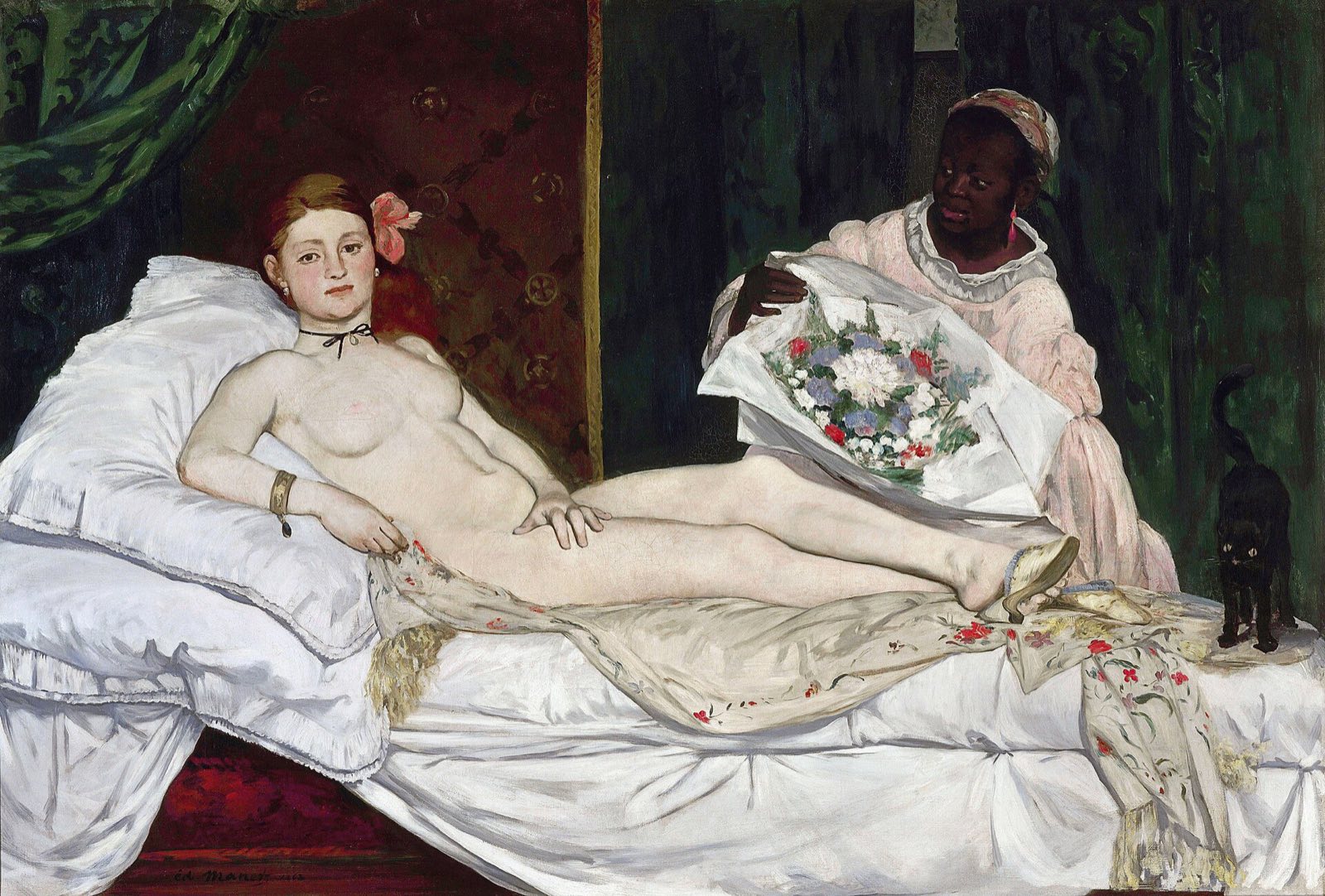Olympia, by Manet: a nude woman on a bed looking at the viewer, a maid holding flowers beside her.