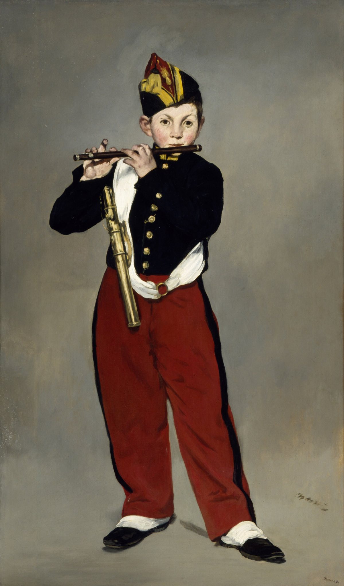 The Fifer, by Manet: a boy in red trousers playing a fife against a plain grey ground.