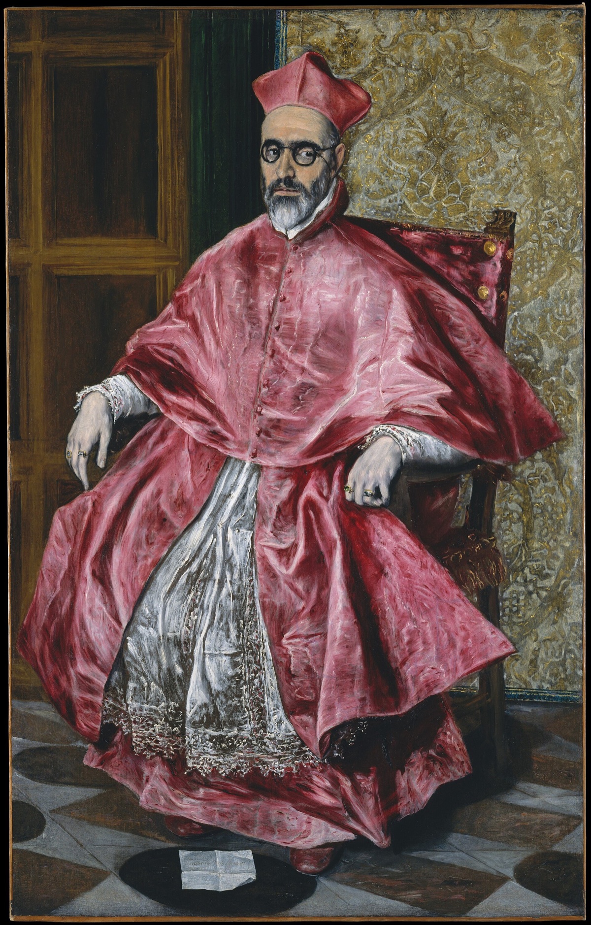 Portrait of a Cardinal, by El Greco: a seated churchman in crimson robes and round black spectacles.