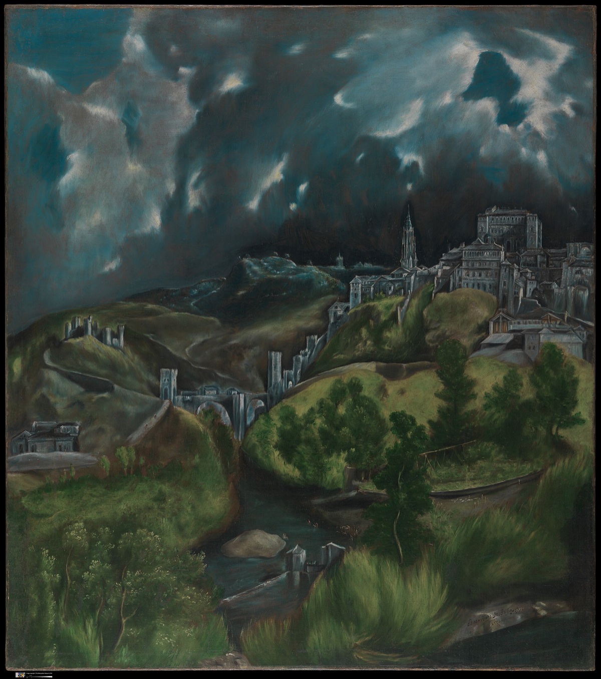 View of Toledo, by El Greco: the city on its hill above a river, under a dark and stormy sky.