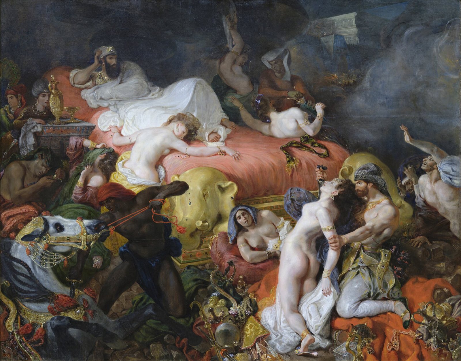 The Death of Sardanapalus, by Delacroix: a king on a great red bed watching the slaughter around him.