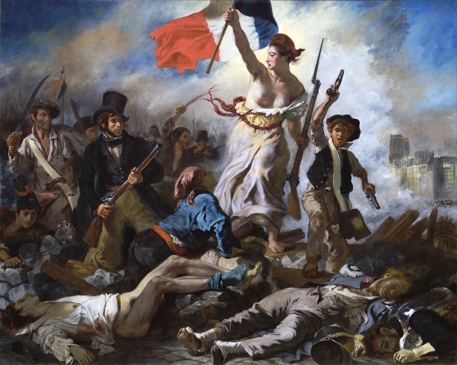 Liberty Leading the People, by Delacroix: a woman with the tricolour leading armed Parisians over a barricade.