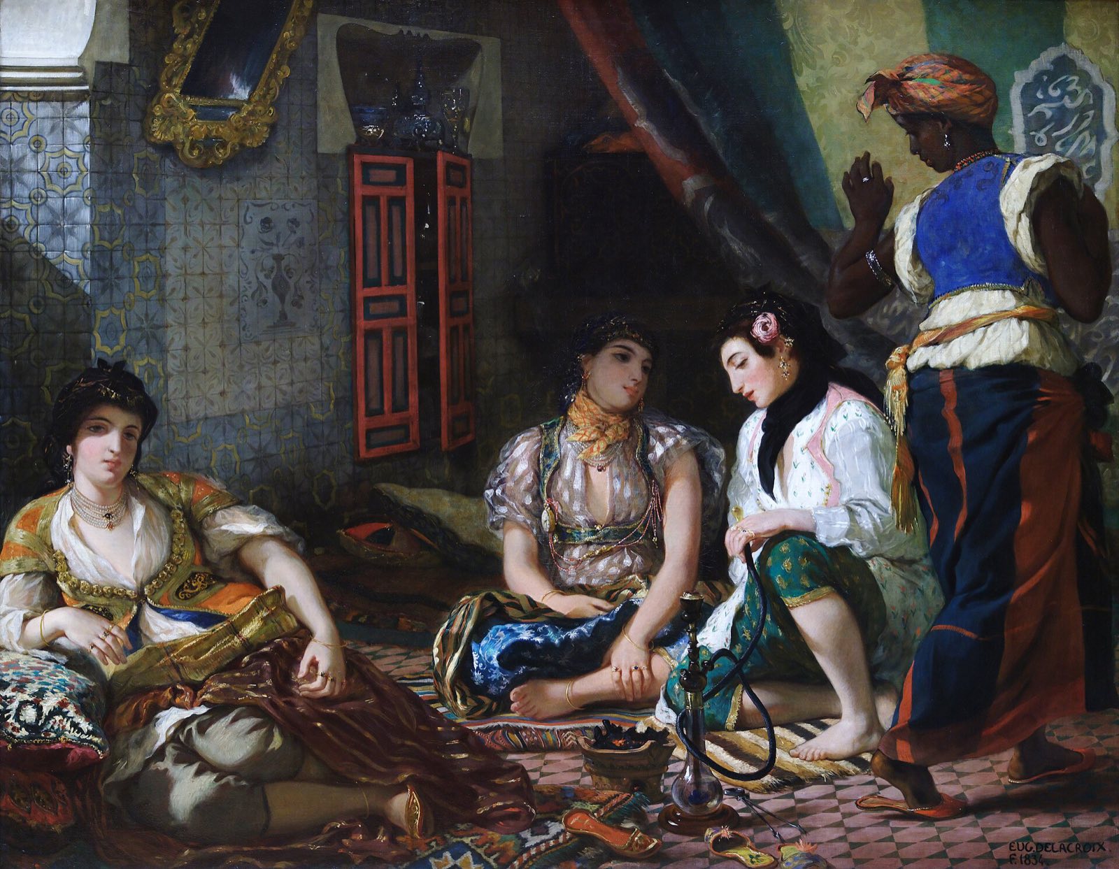 Women of Algiers in their Apartment, by Delacroix: three women seated on carpets, a servant leaving.