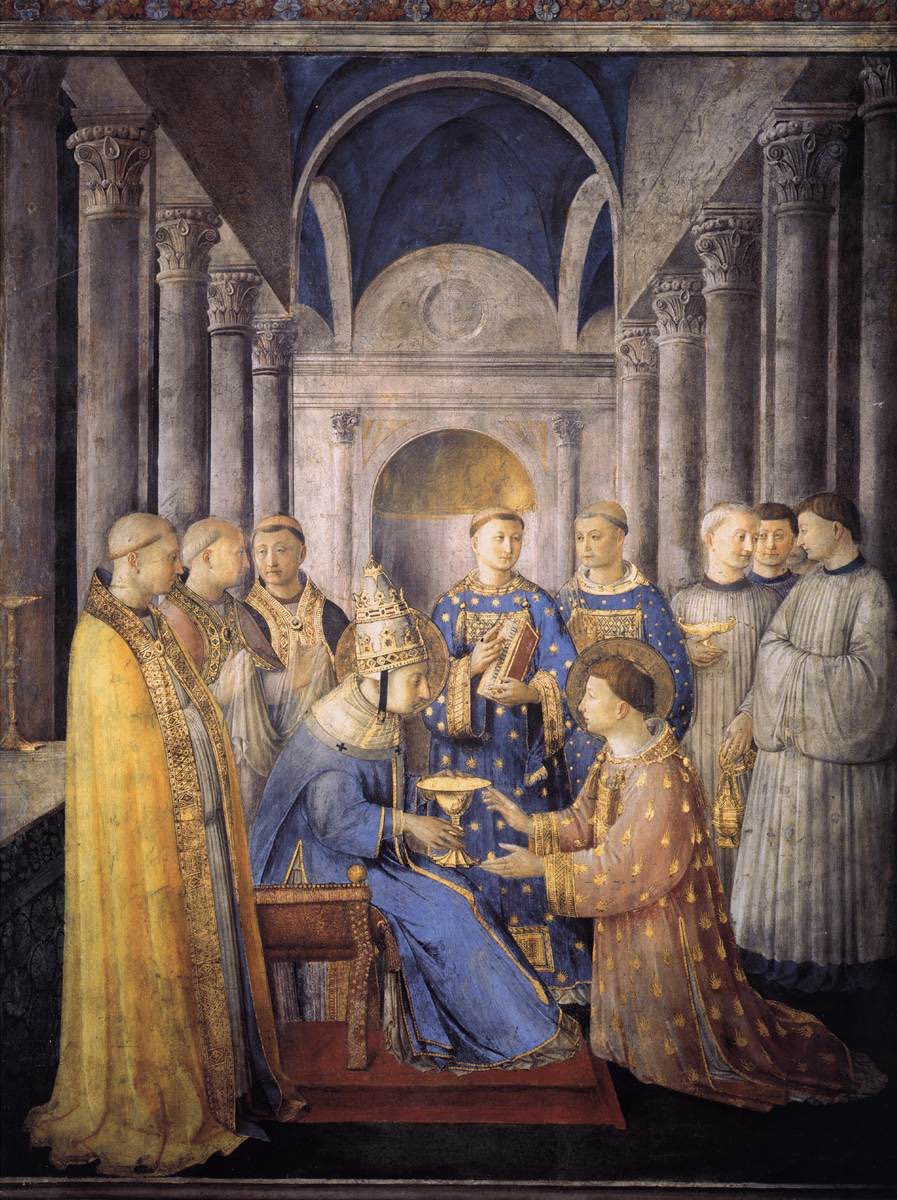 A fresco by Fra Angelico in the Niccoline Chapel: St Peter ordaining St Stephen, in a church of columns.