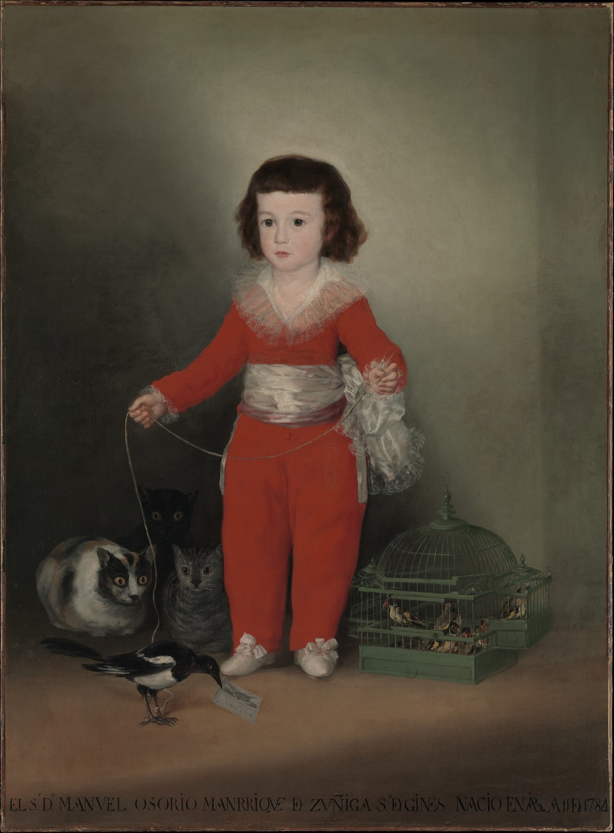 Manuel Osorio Manrique de Zúñiga, by Goya: a small boy in a red suit holds a magpie on a string while three cats watch it.