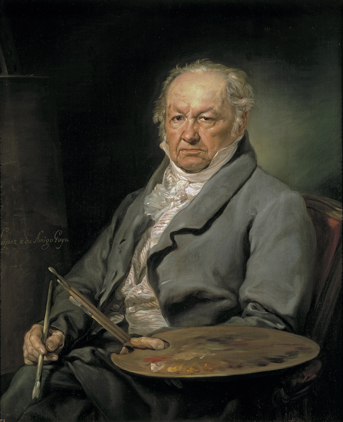 A portrait of Francisco Goya at eighty, seated with his palette and brushes, by Vicente López Portaña.