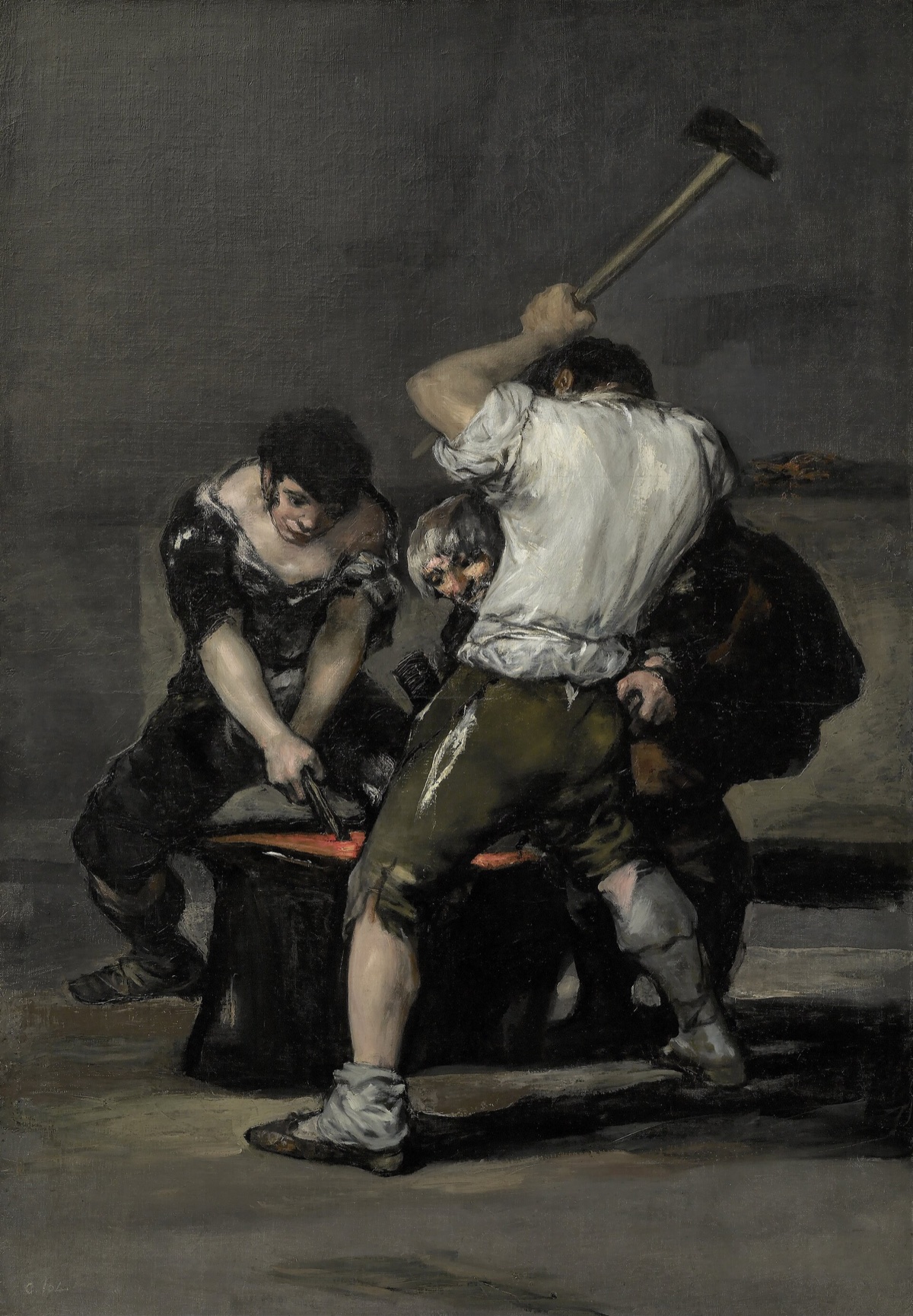 The Forge, by Goya: three smiths bend over an anvil, painted in blacks and greys with a glow of red iron.