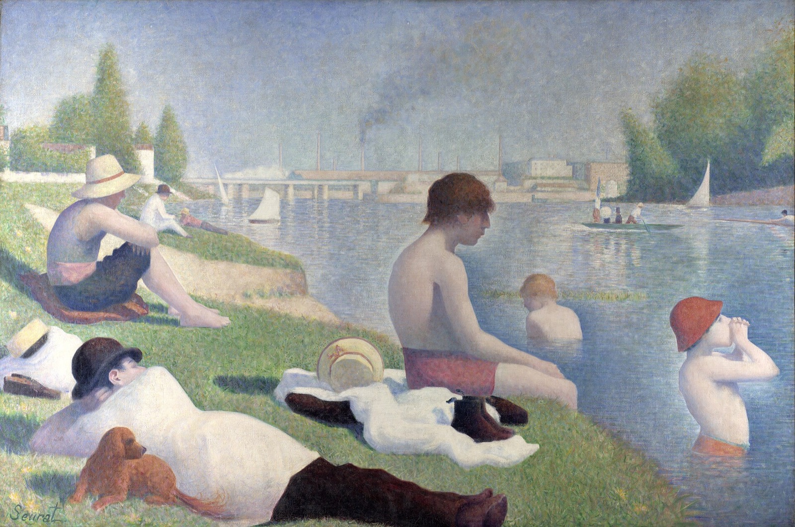 Bathers at Asnières, by Seurat: young men resting on a riverbank in the heat, with factory chimneys in the distance.