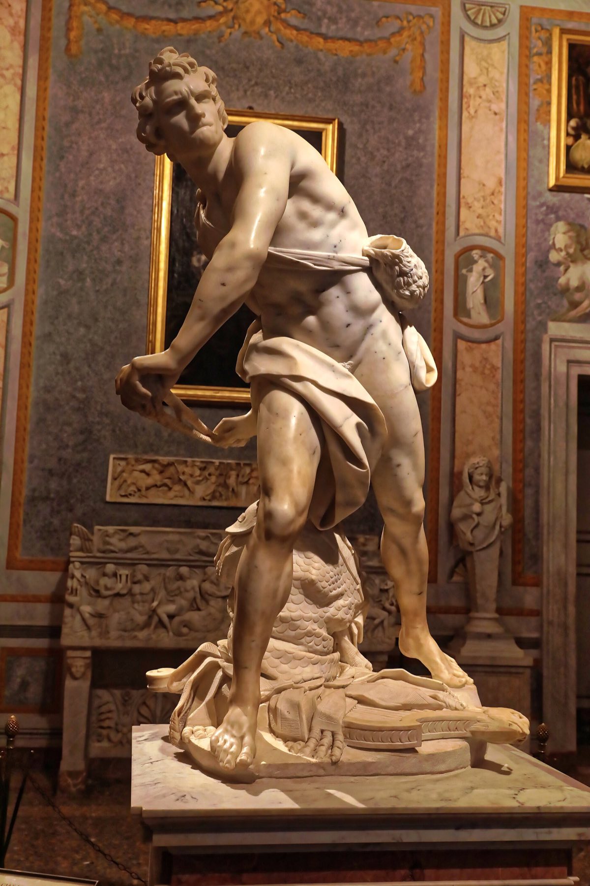 Bernini's David in the Galleria Borghese: the young man twisting to sling his stone.