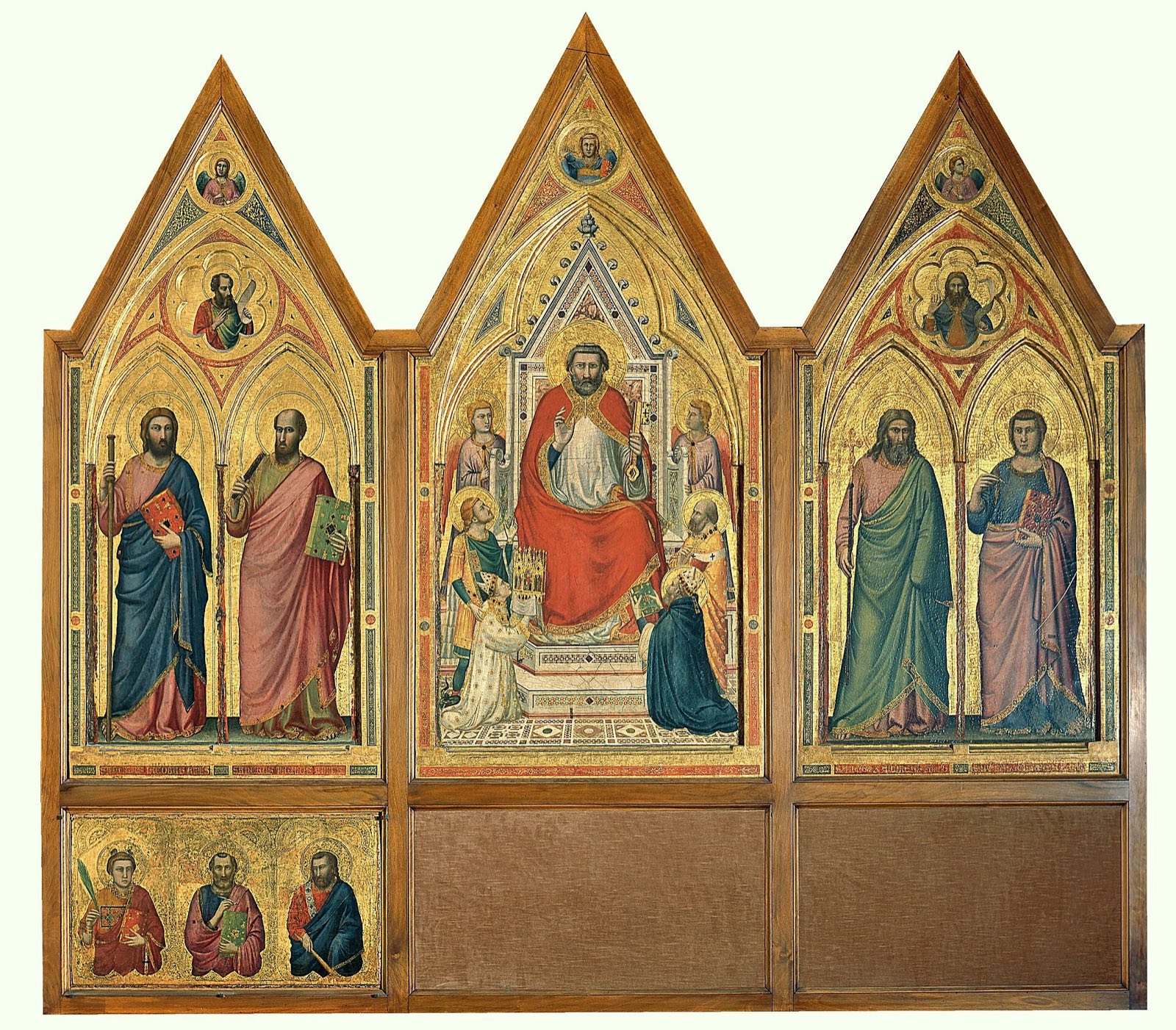 The Stefaneschi Triptych by Giotto: Christ enthroned in the centre panel, with the martyrdoms of Peter and Paul at the sides, on a gold ground.
