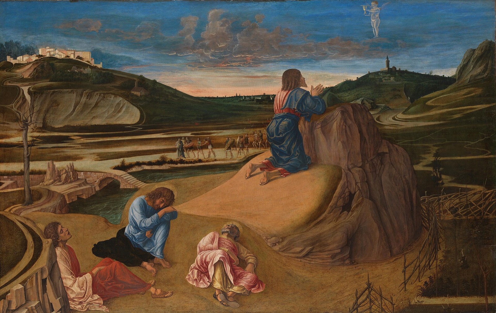 The Agony in the Garden, by Giovanni Bellini: Christ kneels on a rock at dawn while three disciples sleep.