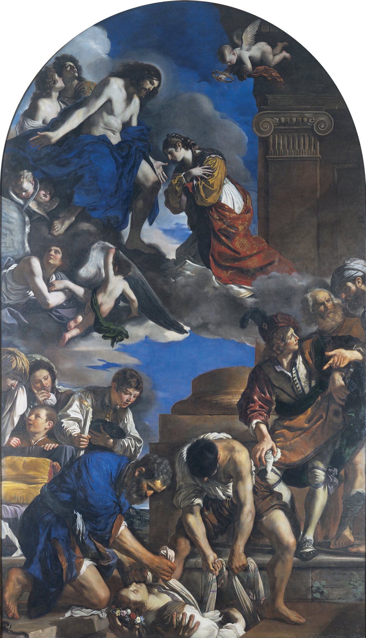 The Burial of St Petronilla by Guercino: the saint lowered into her grave below, and kneeling before Christ in the clouds above.