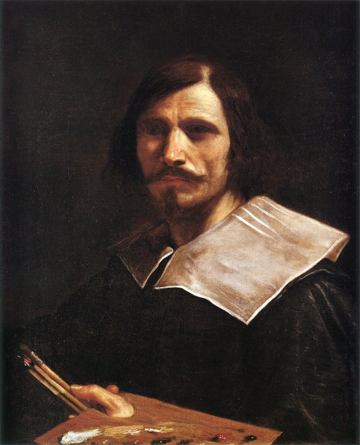 A self-portrait of Guercino holding a palette, before an easel.