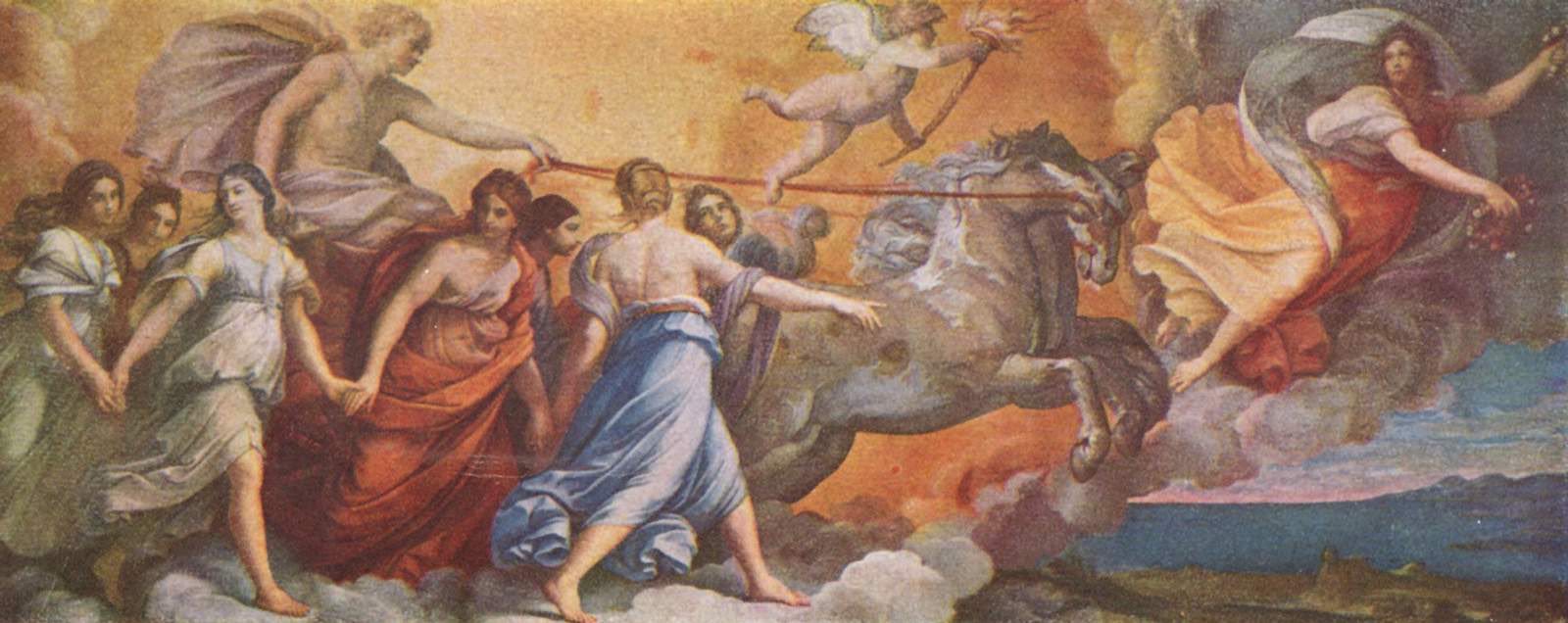 Aurora by Guido Reni: the dawn flying before the chariot of Apollo, surrounded by dancing Hours.