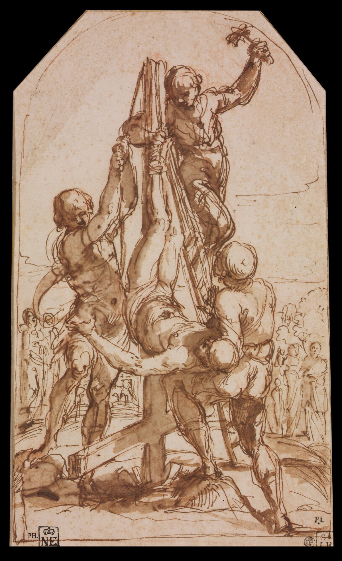 The Crucifixion of St Peter by Guido Reni: the saint hauled upside down onto the cross by three men.