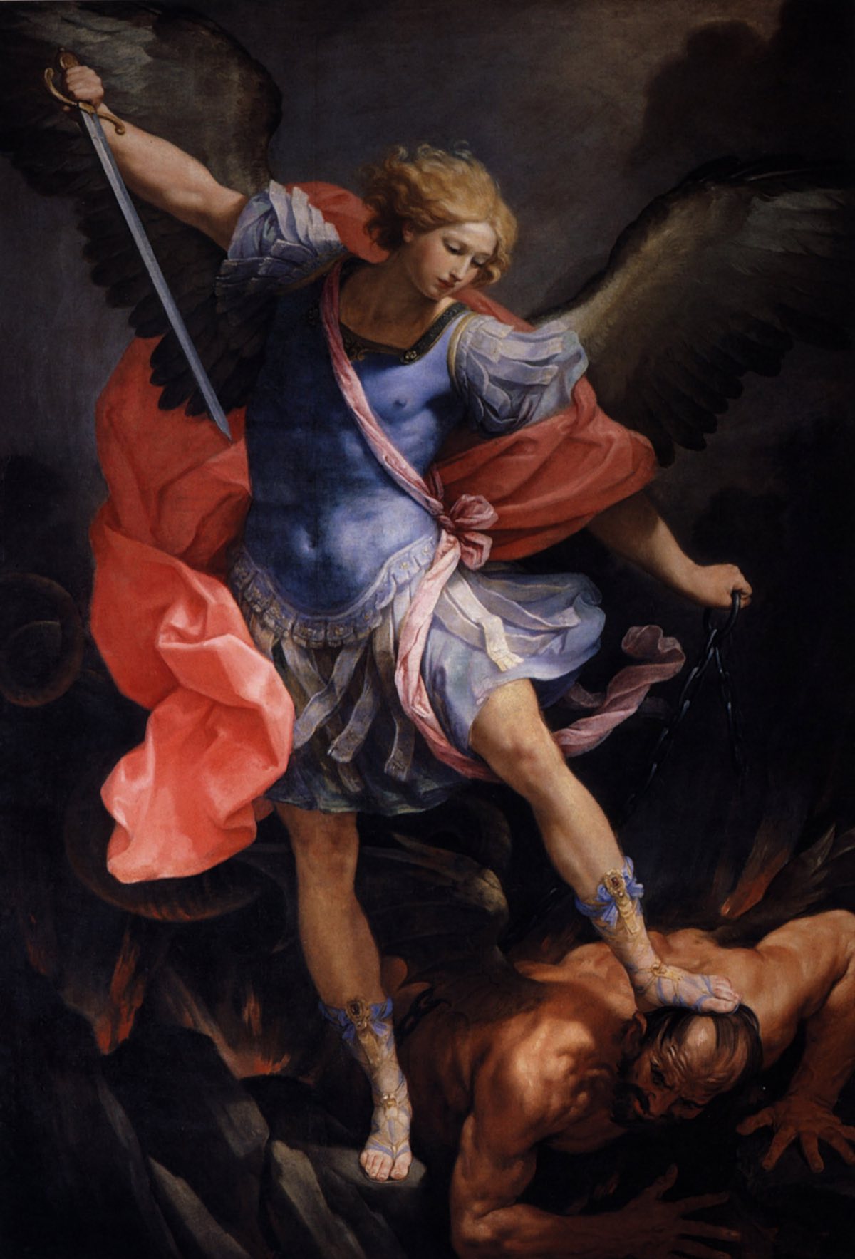 The Archangel Michael by Guido Reni: the angel in blue armour and a red cloak, sword raised, with his foot on Satan.