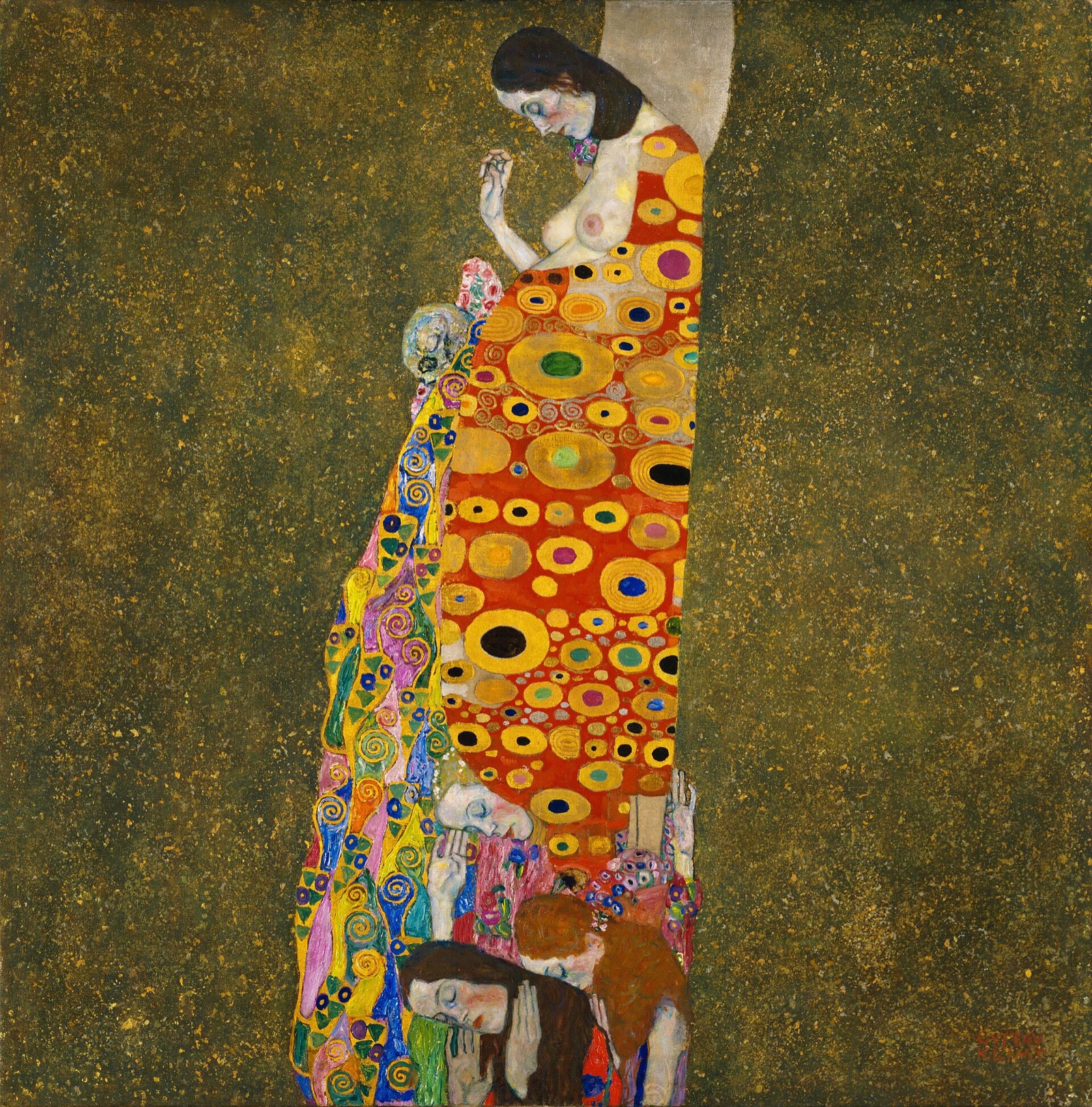 Hope, II, by Klimt: a pregnant woman bows her head over her belly, wrapped in a robe of gold and coloured discs.