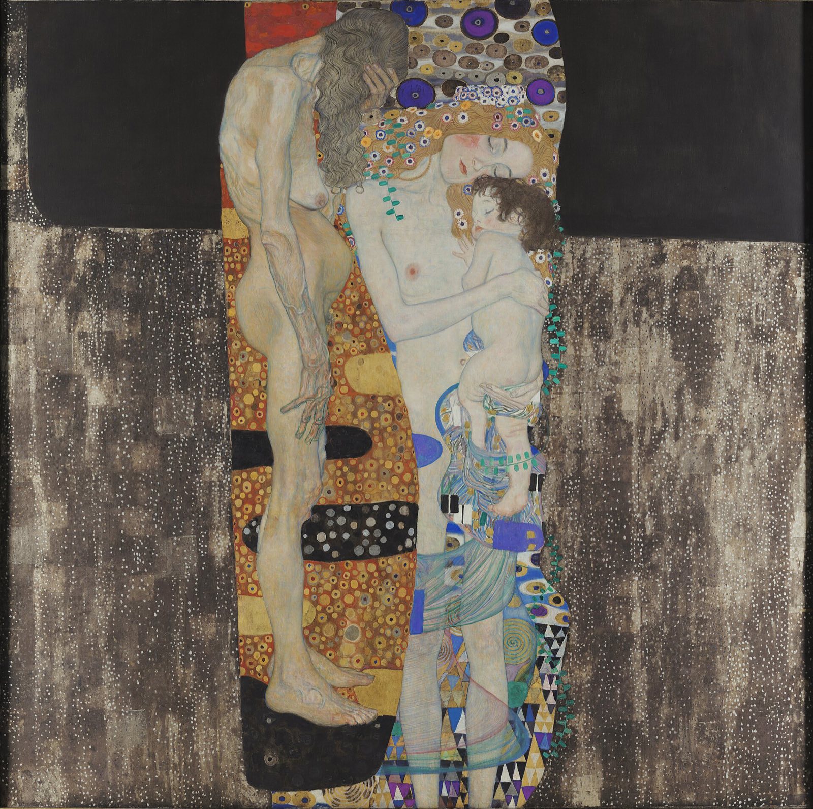 The Three Ages of Woman by Klimt: a mother holding a sleeping child, and an old woman with her face in her hand, on a patterned ground.
