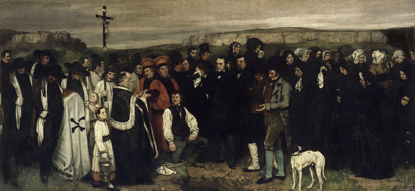 A Burial at Ornans, by Courbet: a long row of villagers in black around an open grave.