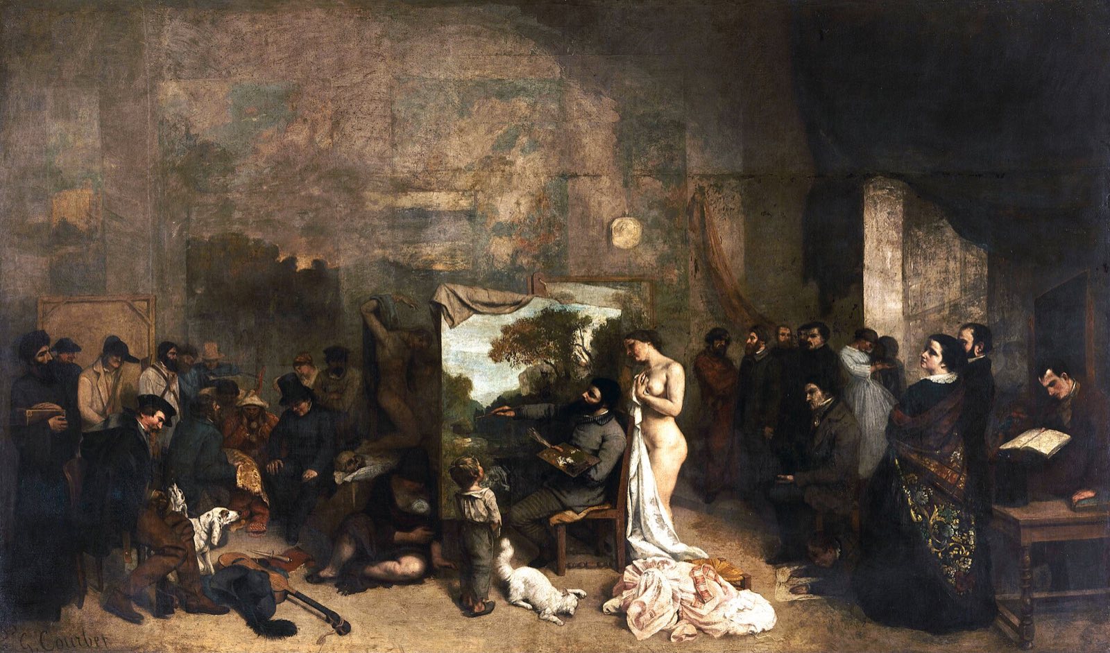 The Painter's Studio, by Courbet: the painter at his easel between two crowds of figures.