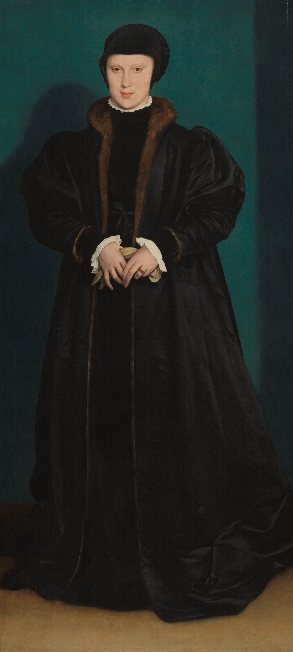 Christina of Denmark, Duchess of Milan, by Holbein: a young widow in black, full length against a blue-green wall.