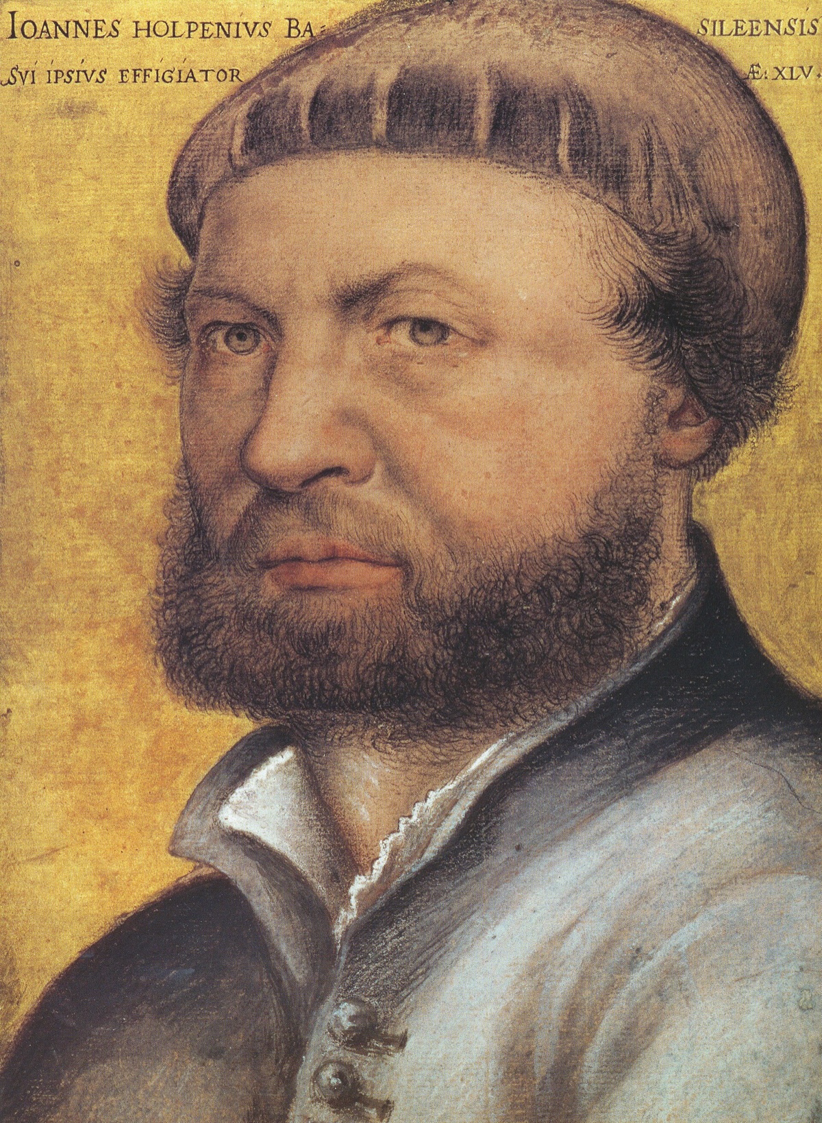 A self-portrait of Hans Holbein the Younger in a black cap, drawn in coloured chalks.