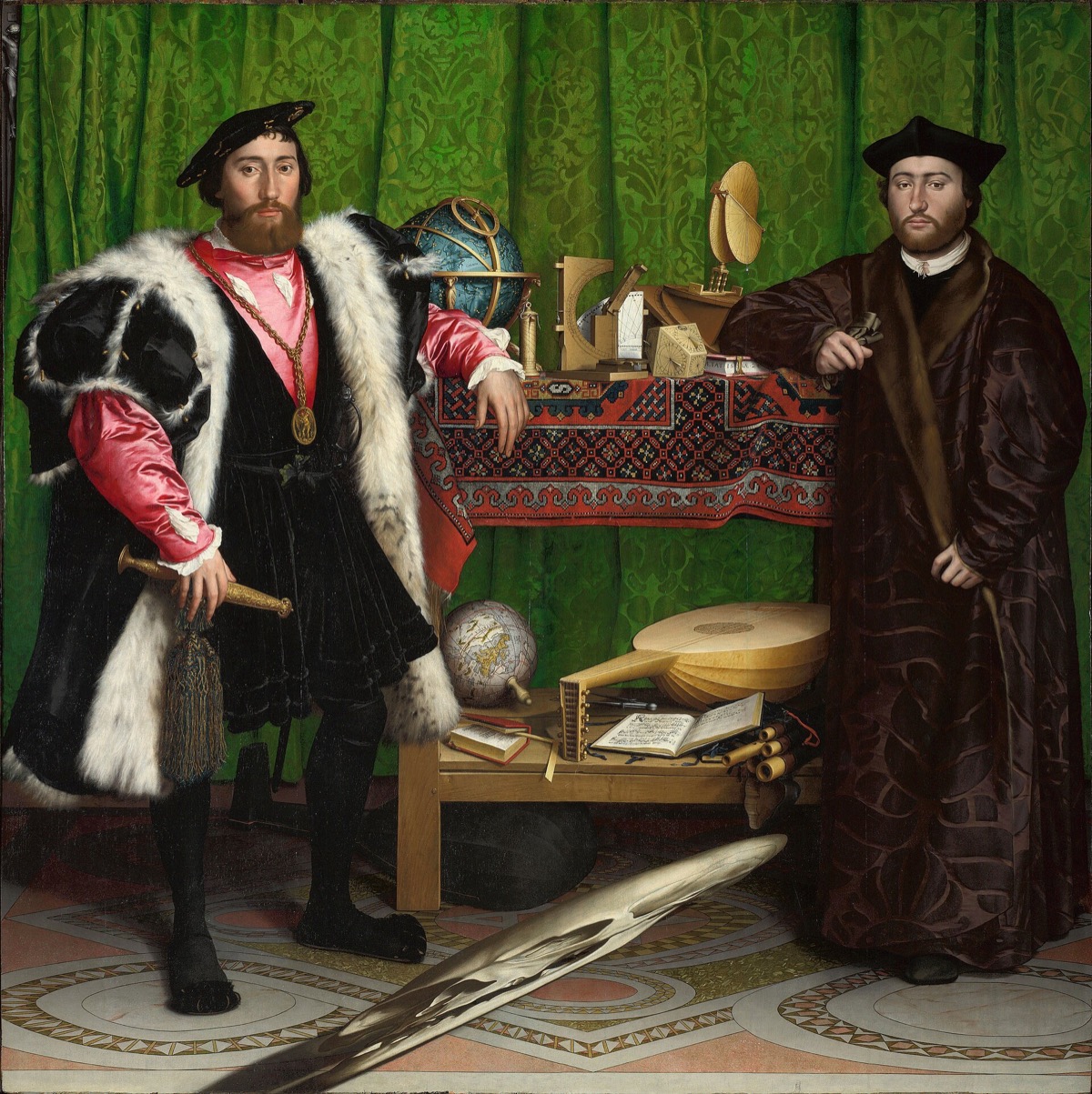 The Ambassadors, by Holbein: two men stand either side of shelves of globes and instruments, with a stretched skull across the floor.