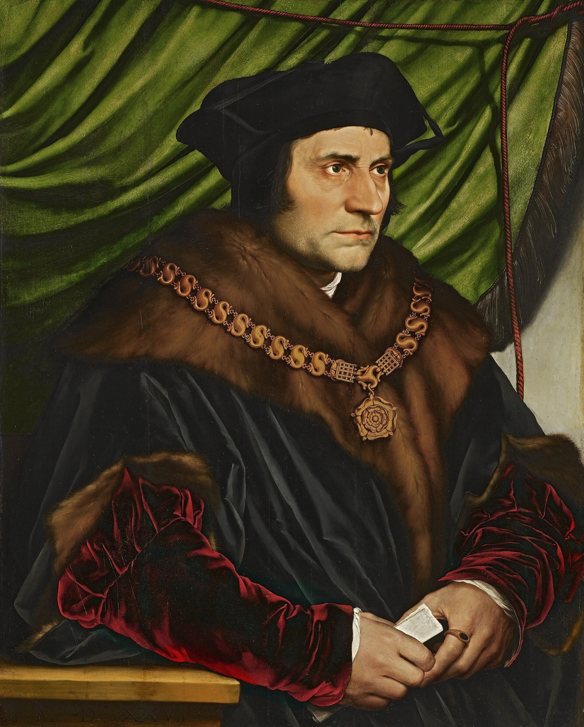 Sir Thomas More, by Hans Holbein the Younger: the statesman, unshaven, in fur and red velvet sleeves with a gold chain of office.