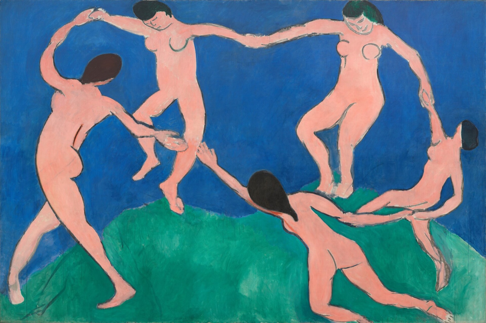 Dance (I), by Henri Matisse: five nude figures whirl in a ring on a green hill under a blue sky.