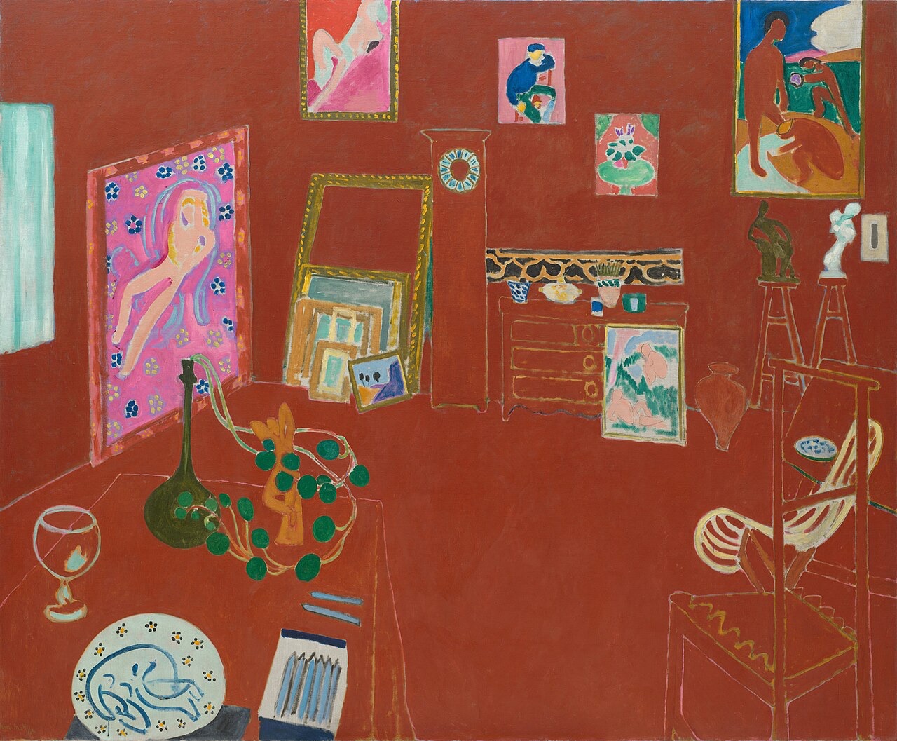 The Red Studio, by Henri Matisse: a painter's studio with its pictures and furniture, all on a ground of flat red.