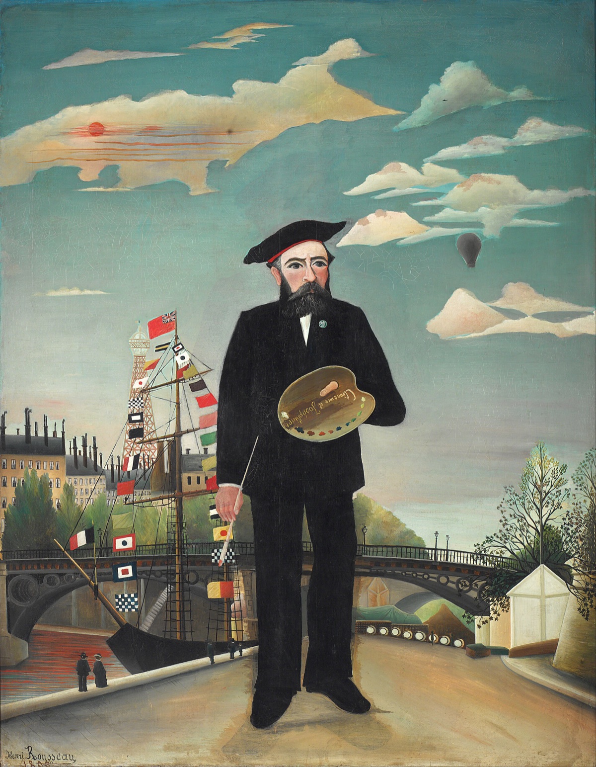 Myself: Portrait and Landscape, Henri Rousseau's self-portrait of 1890, standing with his palette before a ship hung with flags.