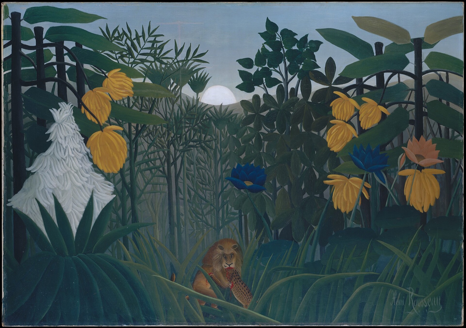 The Repast of the Lion, by Henri Rousseau: a lion eats its prey among tall flowers and leaves under a white sun.